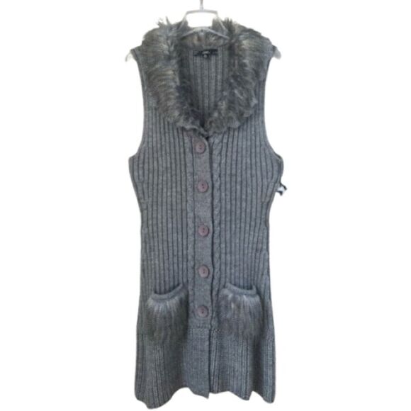Sioni Wool Blend Faux Fur Long Sleeveless Cardigan Button Vest Size XL - Picture 1 of 15